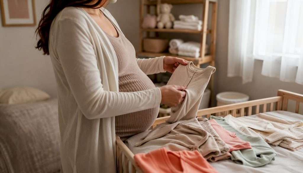 Pregnant woman folding maternity clothes on bed