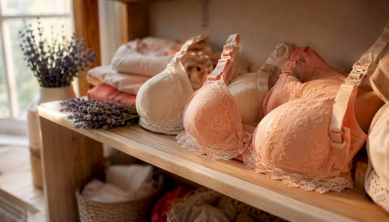 Maternity nursing bras on wooden surface