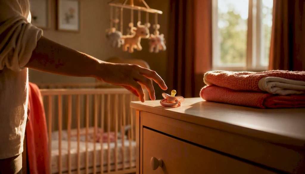 Parent's hand removing pacifier from crib