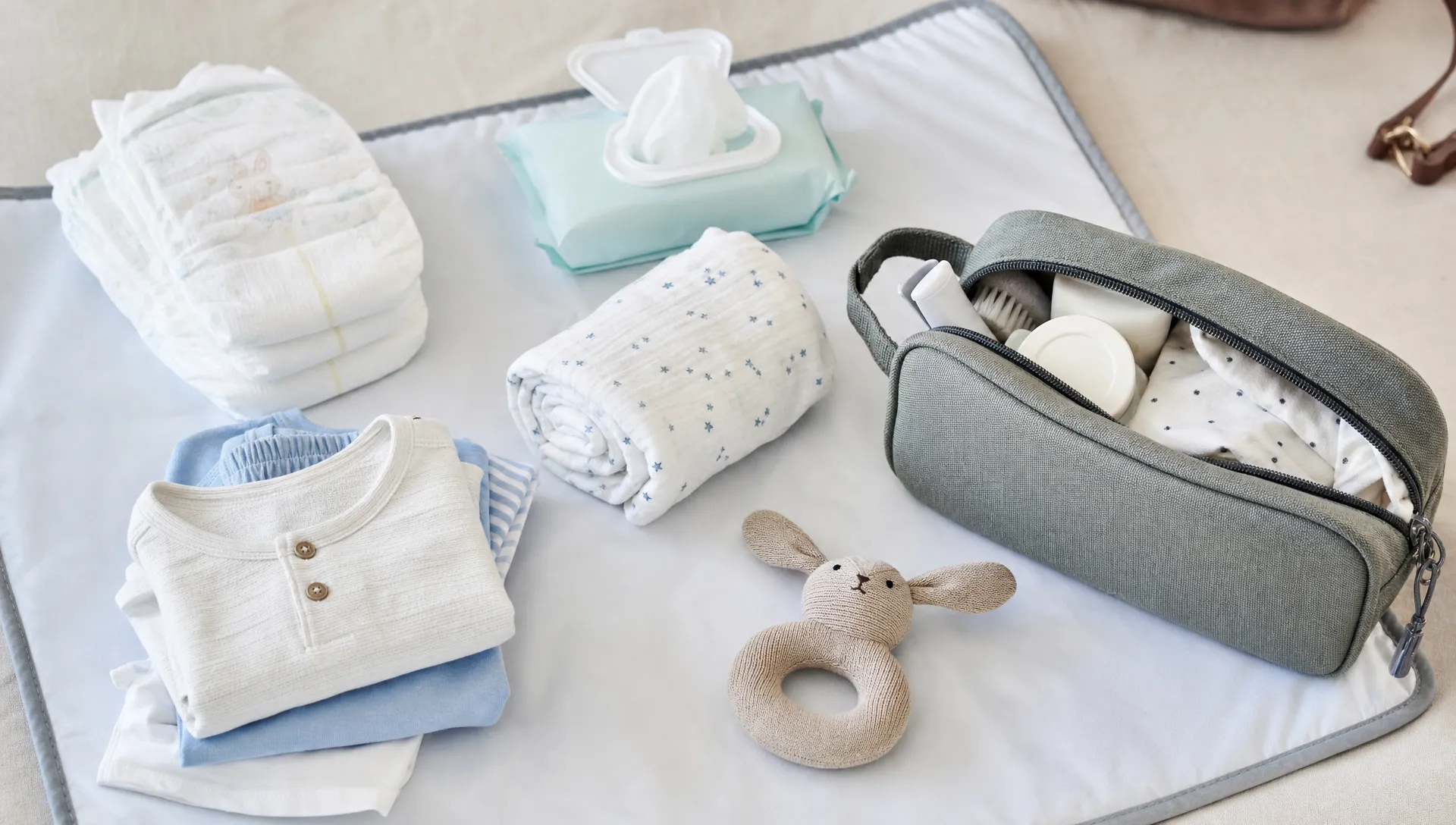 A baby care kit is laid out on a changing mat with nappies, wipes, a muslin cloth, spare clothes, a small toy and a compact pouch.