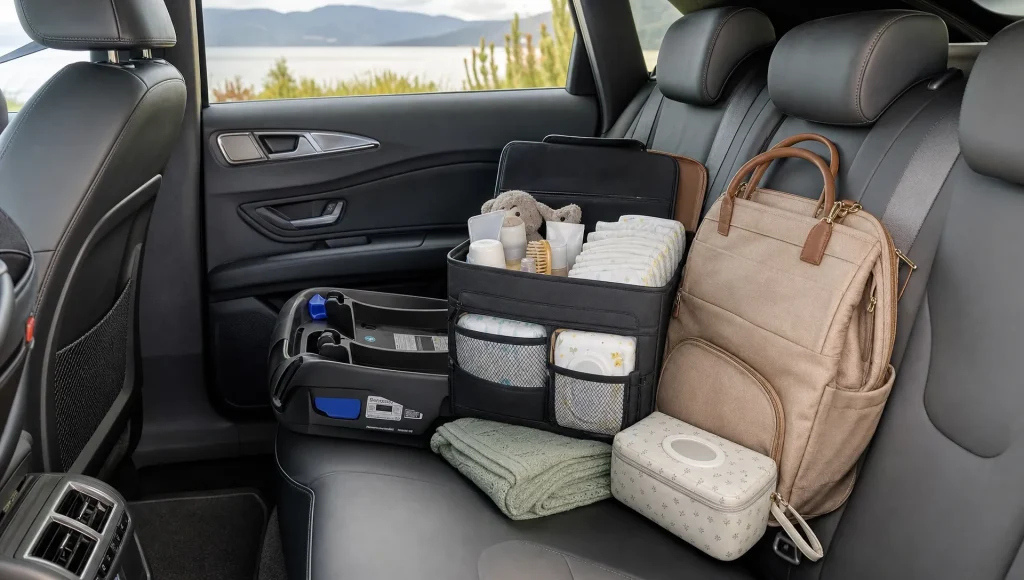 A baby care kit sits neatly in a car beside a child seat base and spare travel items.