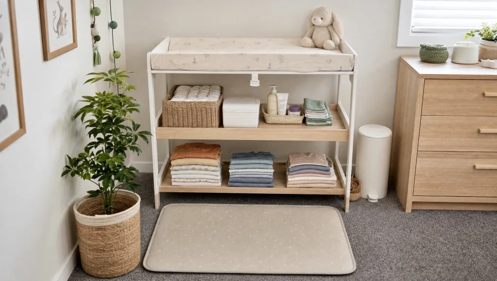 A nursery changing corner shows nappies, wipes, cream and a floor mat ready for use.