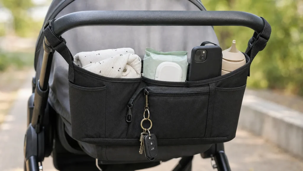 A pram organiser holds keys, wipes and a compact nappy pouch for an outing.