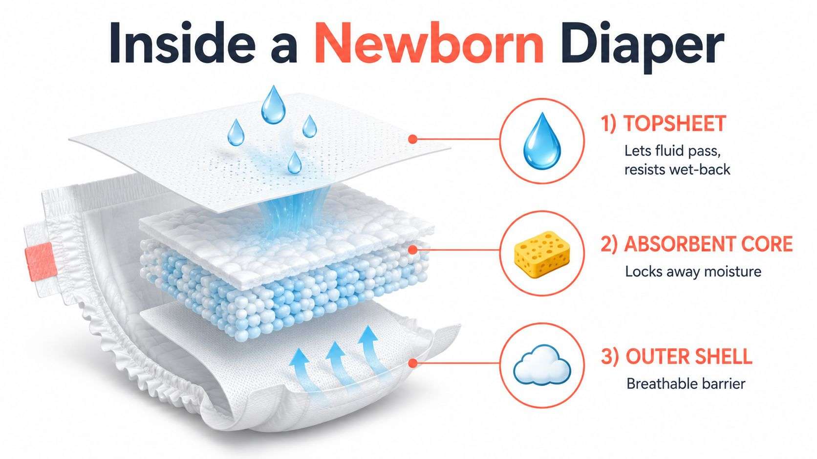 A diagram illustrating the three layers of a newborn diaper including the topsheet, absorbent core, and outer shell.