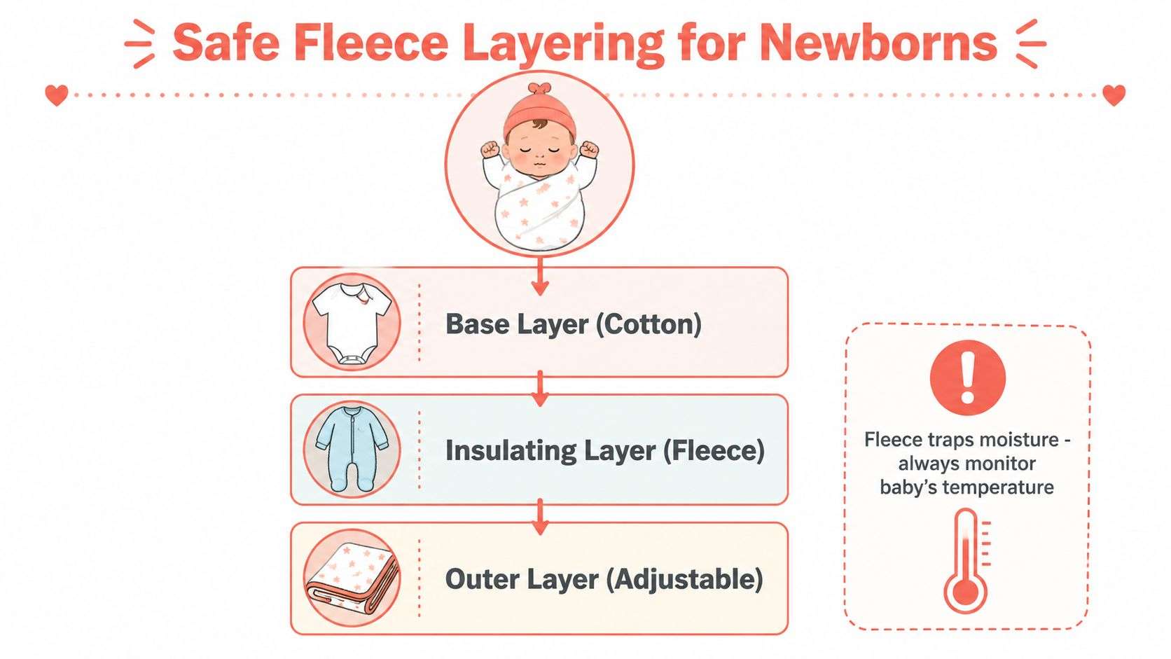 A guide on how to safely layer clothing for newborns using cotton, fleece, and adjustable layers.