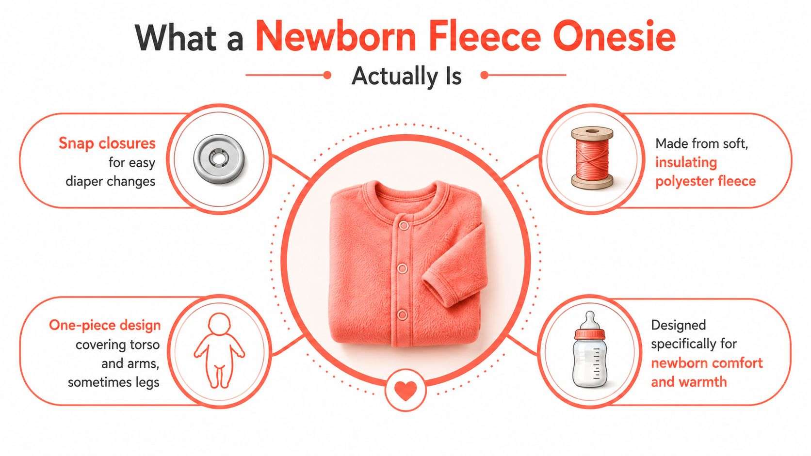 An infographic detailing the features of a coral colored newborn fleece onesie for baby comfort.