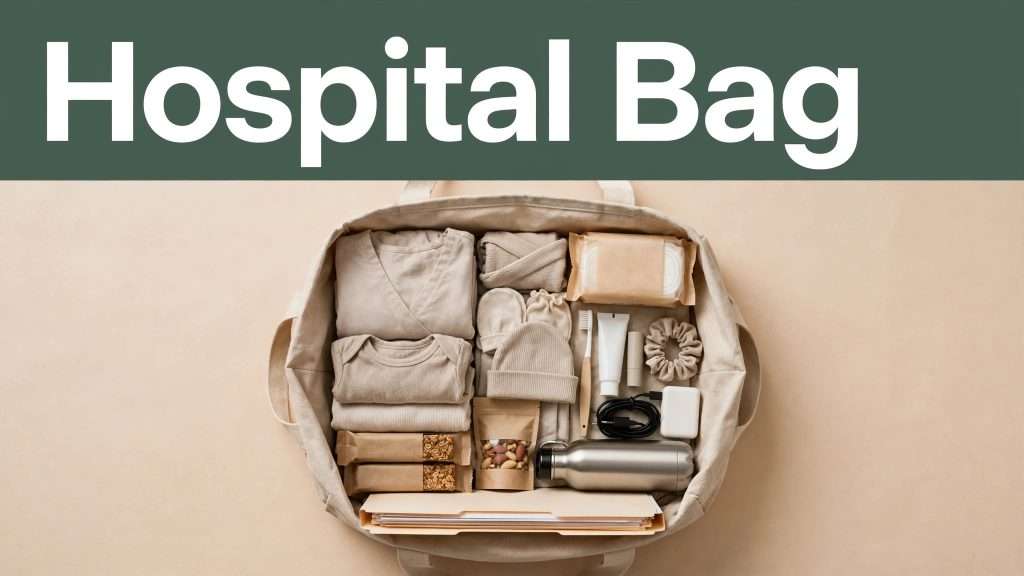 Open hospital bag with maternity supplies, baby clothes, toiletries, snacks, and documents.