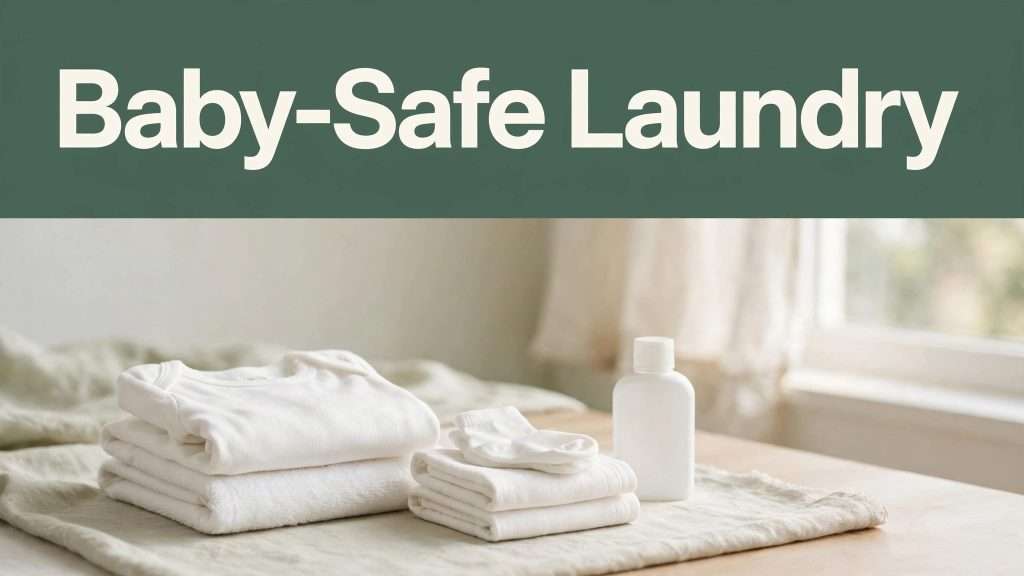Folded white baby clothes and a plain detergent bottle sit beneath a green Baby-Safe Laundry header.