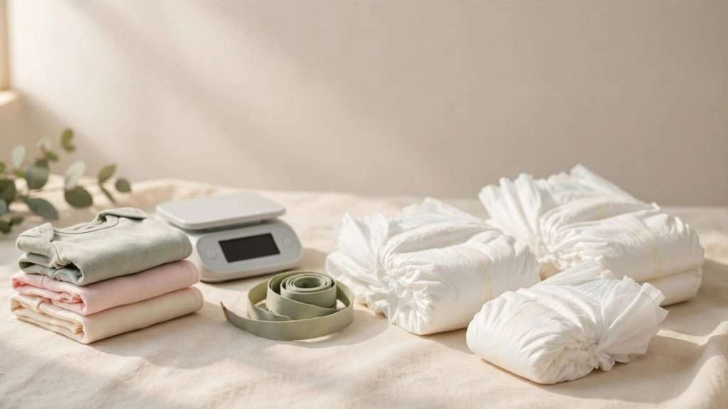 Newborn nappies, a measuring tape, baby scale, and folded pastel clothes on a cream surface.