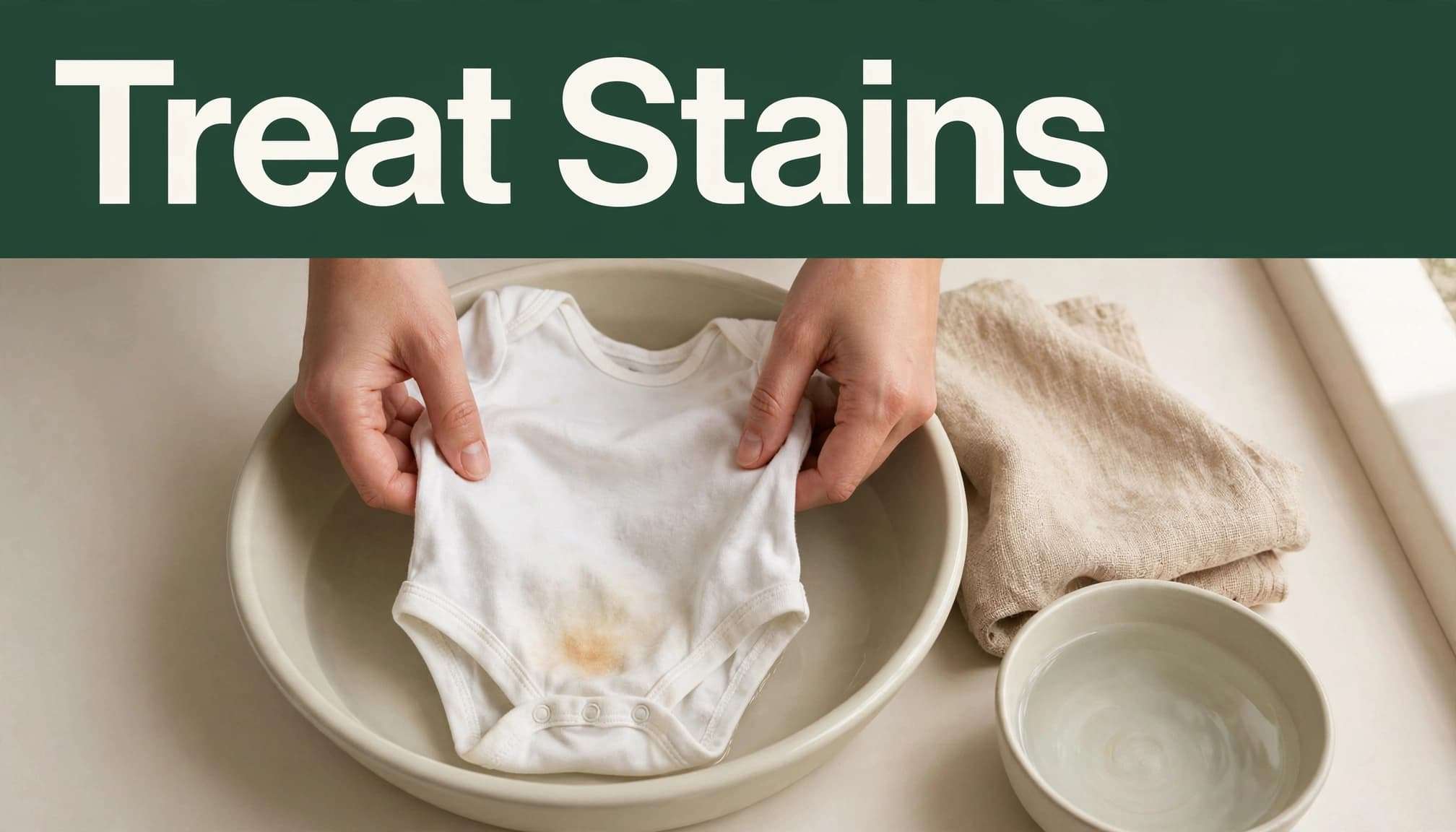 Hands place a stained white baby bodysuit in a basin beside cloth and cool water.