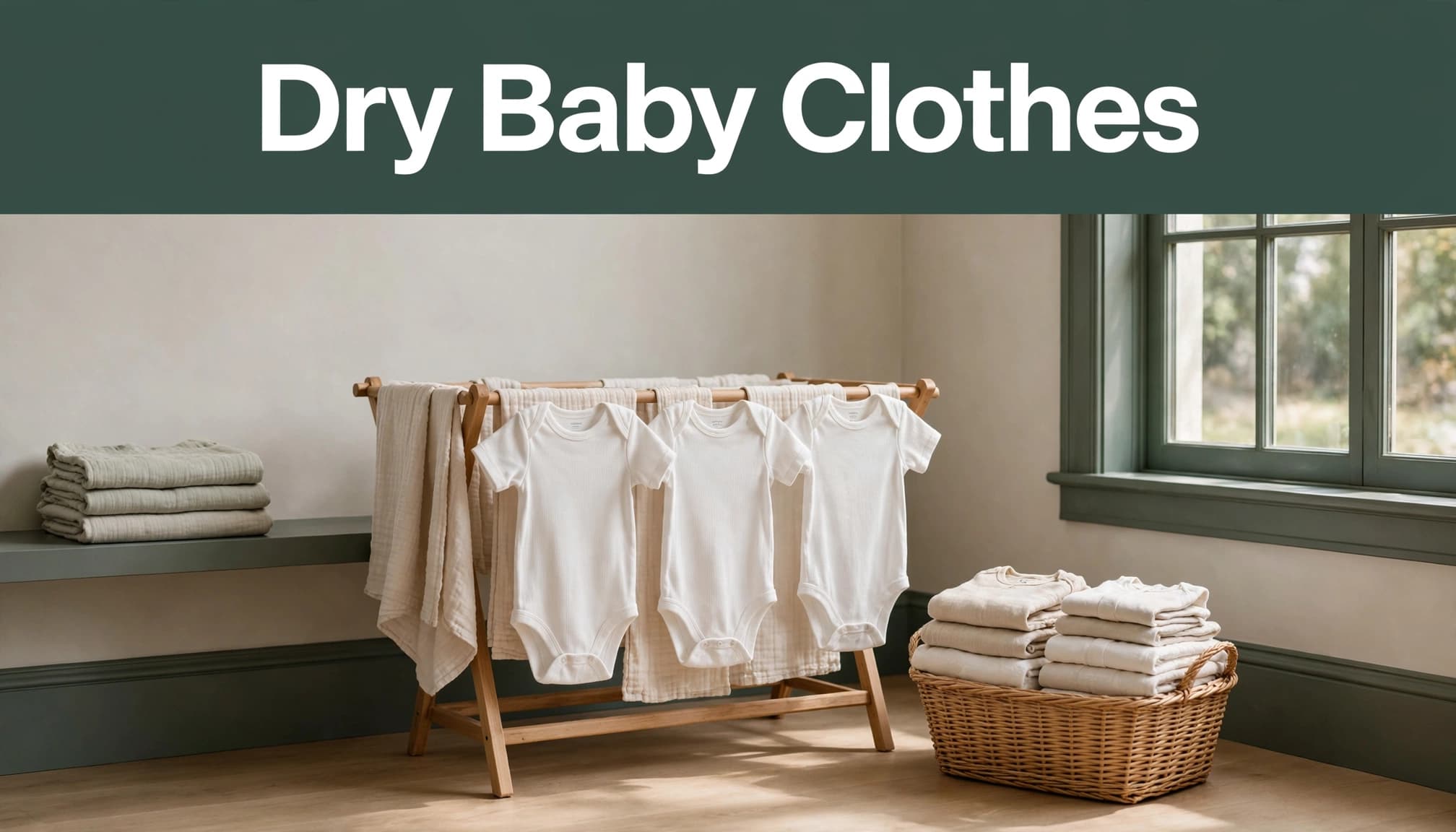 Newborn clothes hang on a drying rack beside a basket of folded garments.