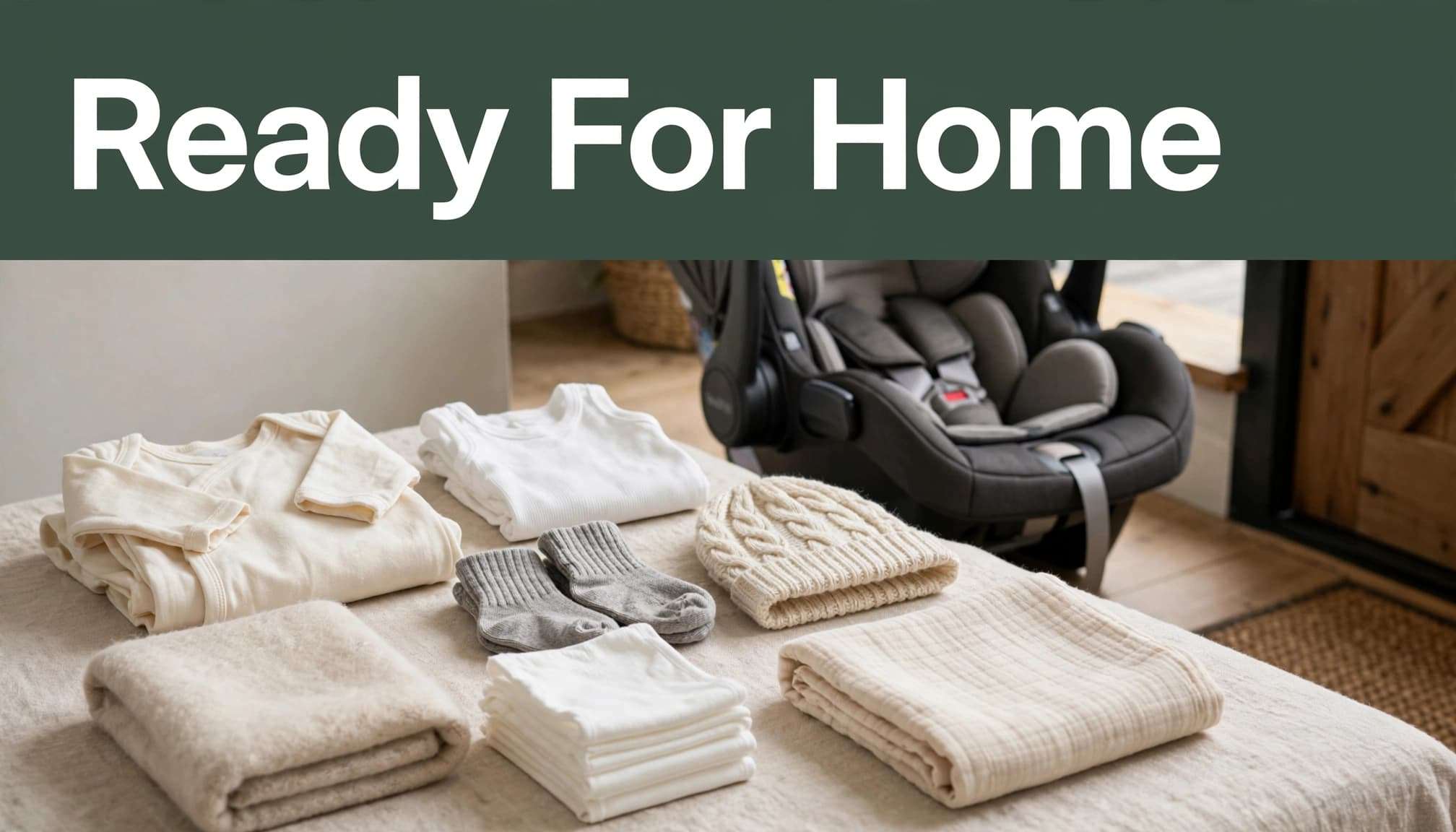 Newborn clothes, blankets, nappies, and a rear-facing capsule seat arranged in a bright entryway.