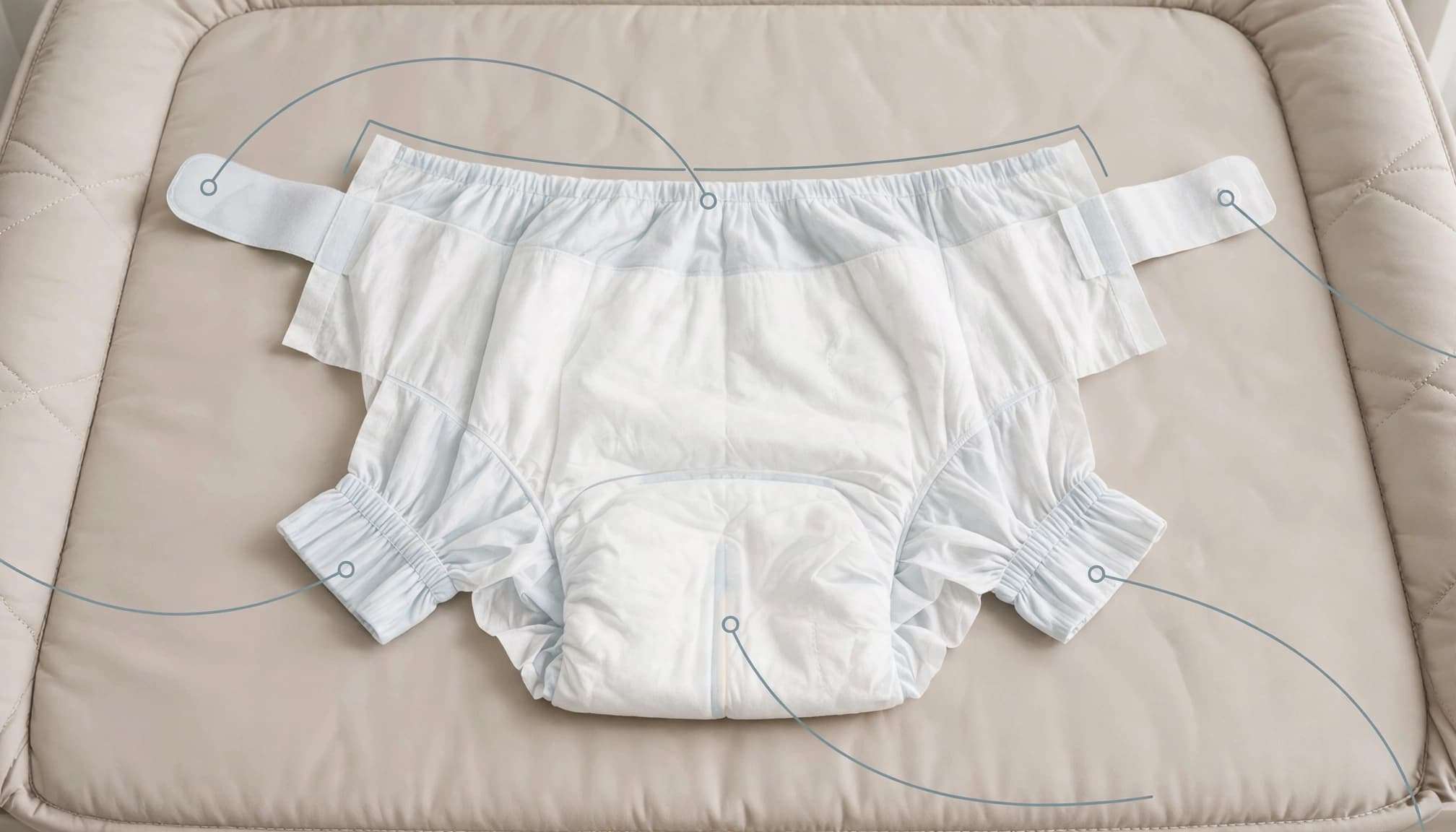 Unbranded newborn nappy on a changing mat with soft lines showing key fit areas.