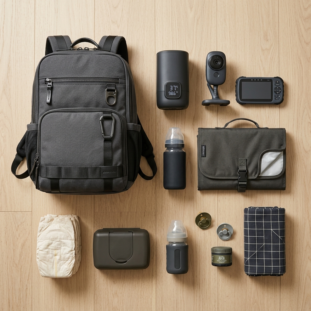 Baby gear flat lay items