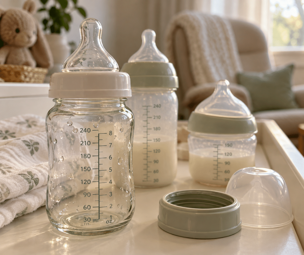 Best bottles for breastfed babies: three unbranded bottles with varied nipples, measurement marks, and cleaning parts on a warm changing table.