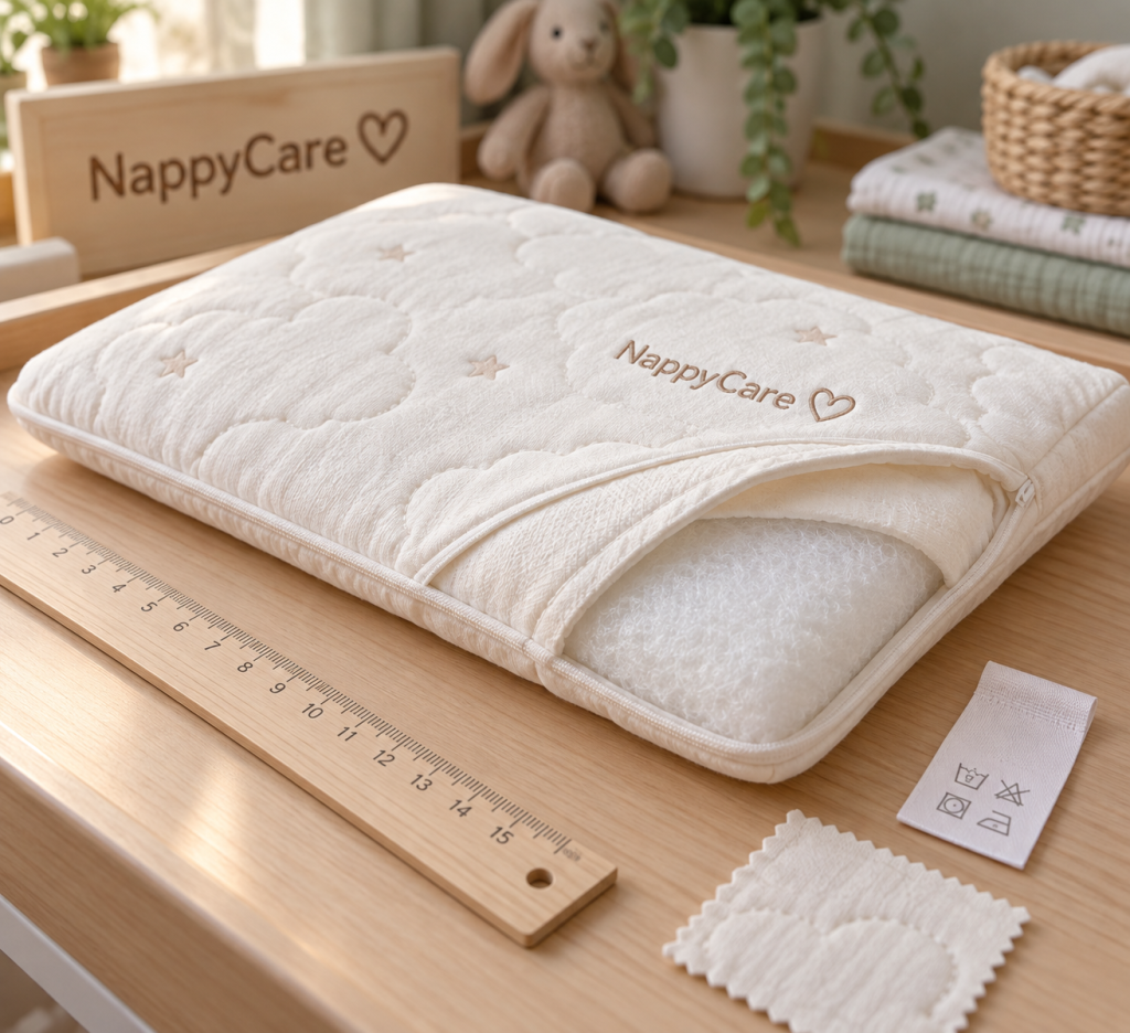 Baby pillow with a quilted ivory cover peeled back to show its filling, beside a ruler and fabric swatch on a wooden table.