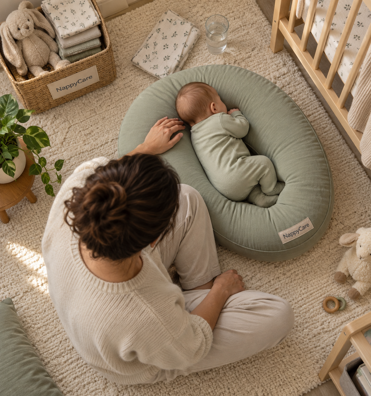 Overhead view of an adult supervising a clothed baby on a sage baby pillow in a softly lit nursery.