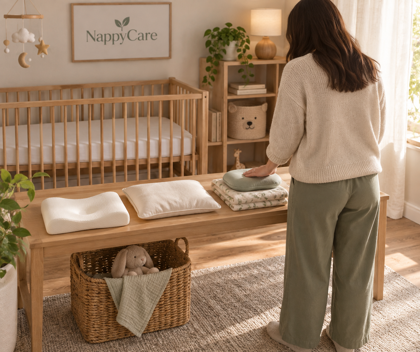 Parent compares three baby pillows on a wooden nursery bench beside a folded blanket and bare crib.
