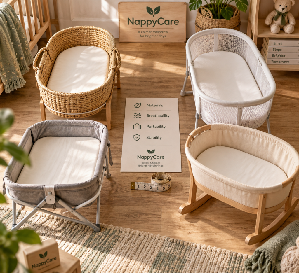 Four baby bassinets compared on an oak floor: woven basket, mesh, folding frame, and wooden rocker, with labels and tape measure.