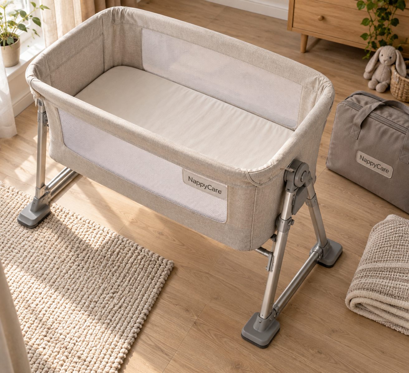 Overhead view of a stable baby bassinet with a folded carry bag and blanket on a pale oak floor.