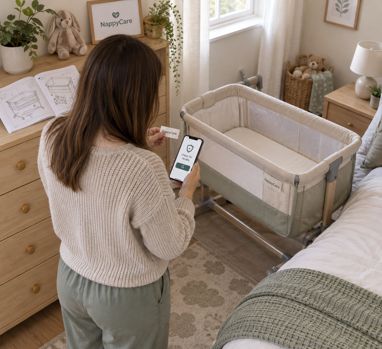 Baby bassinet beside an adult bed as a caregiver checks its model tag against a phone, with instructions on the dresser.