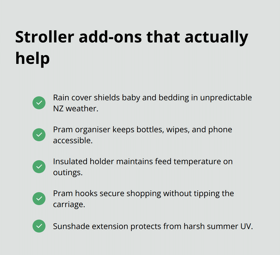 Compact checklist of practical pram accessories for New Zealand conditions. - Top newborn gifts NZ